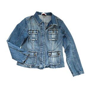 Talbots Women's Denim Jean Jacket Sz 8P Petite Blue Medium Wash Stretch Zip Up
